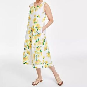 CHARTER CLUB Macy’s 100% Linen White/Yellow Floral Print Sleeveless Midi Dress M